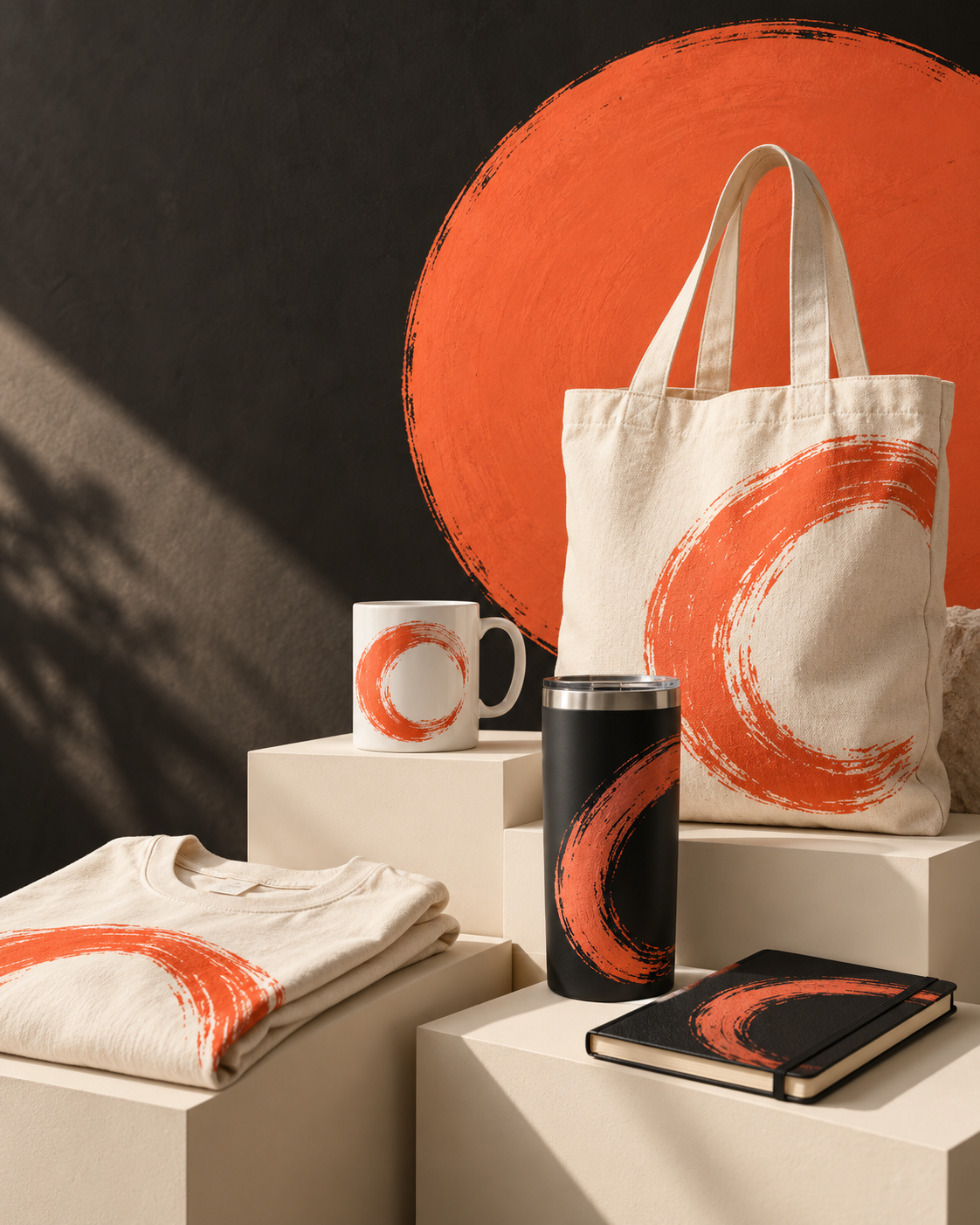 Composición creativa de tote bag, taza, termo y textiles con detalles naranja coral