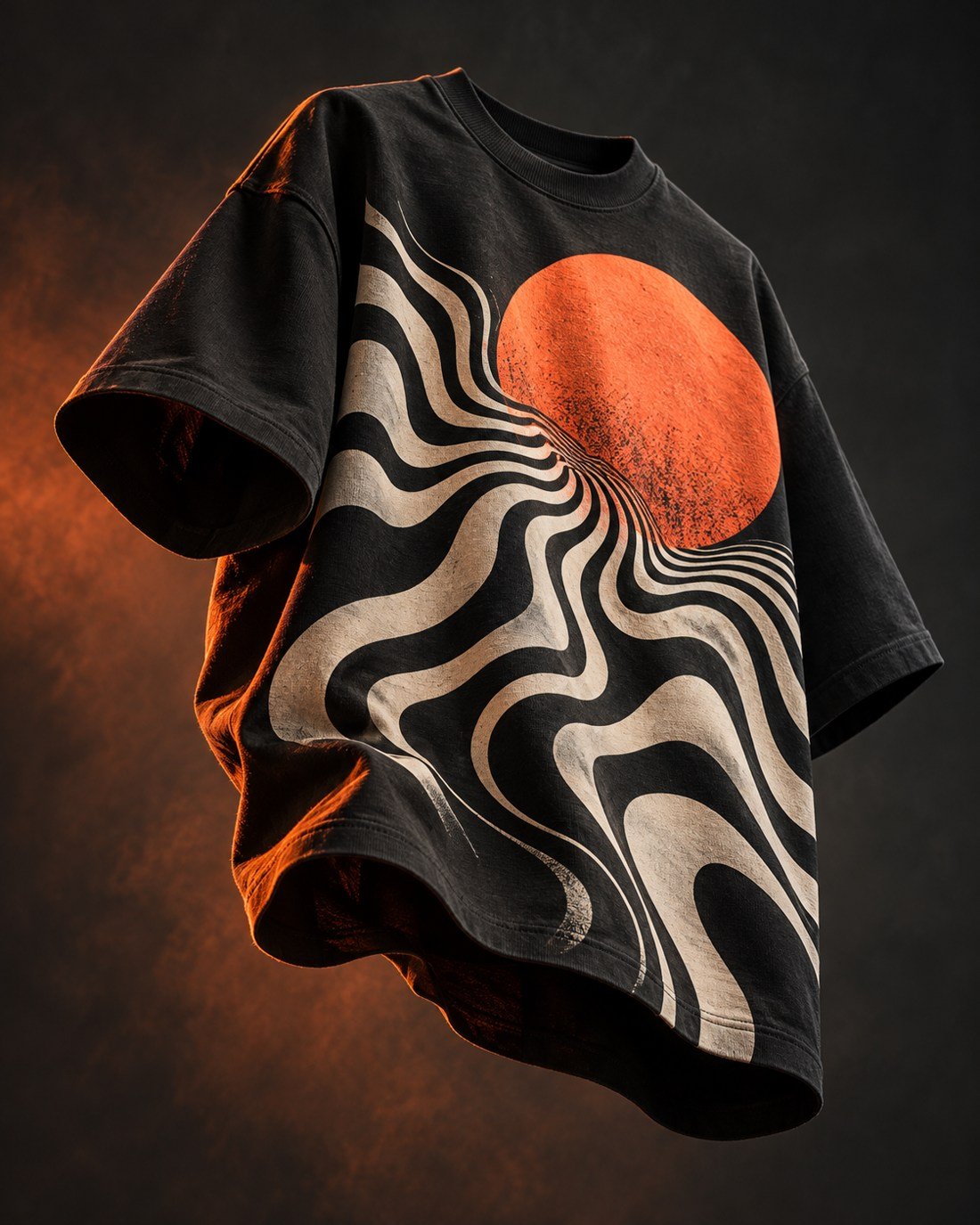Playera negra con dise?o original de sol naranja y geometr?a crema
