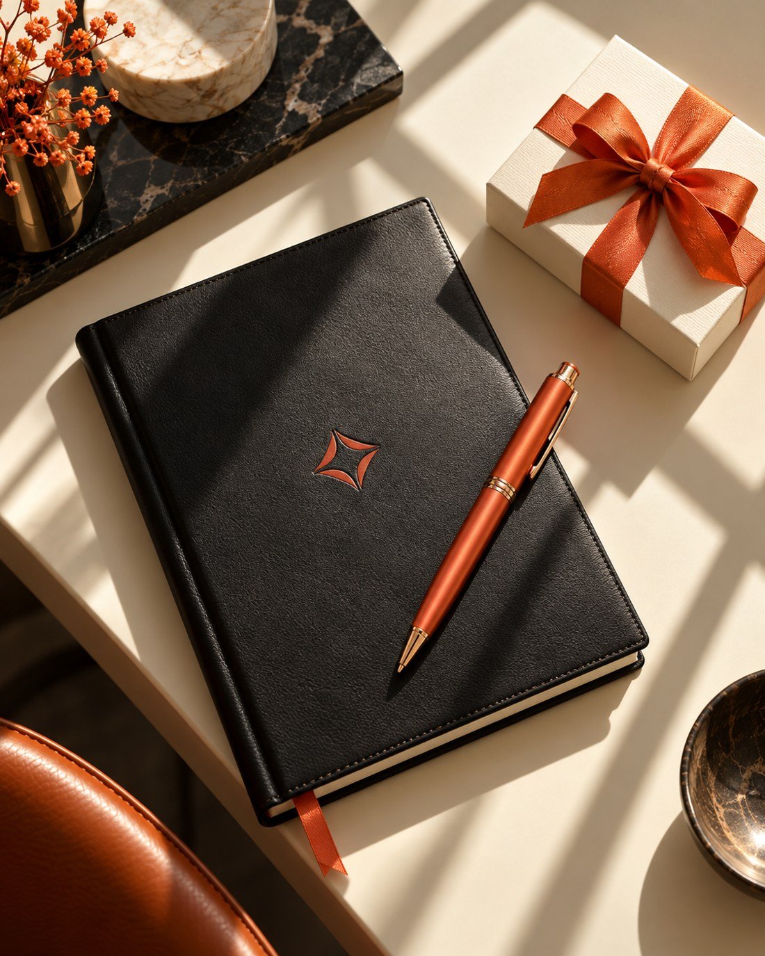 Agenda negra y pluma coral en composici?n de regalos de escritorio