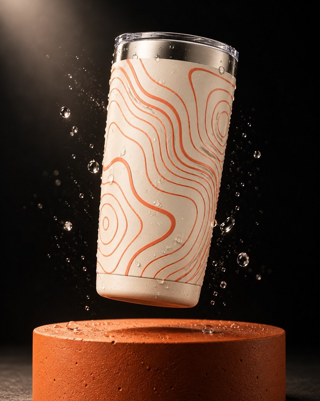 Termo crema con dise?o naranja sobre pedestal escult?rico